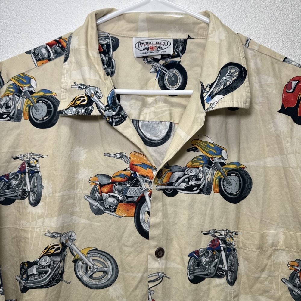 Pacific Legend Button Up Shirt 2XL Tan Motorcycle Print Hawaiian Made in USA